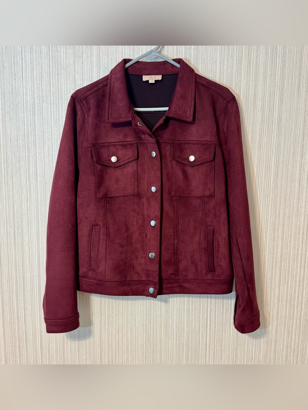 Loft Faux Suede Burgundy Aubergine Button Down Jacket Perfect for Fall Large